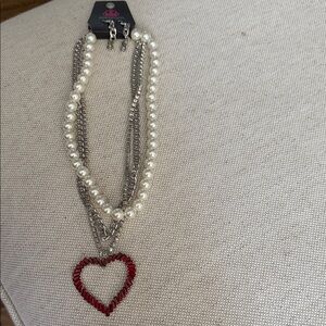 paparazzi Silver Chain & Pearl Necklace with Red Heart Pendant & Earrings